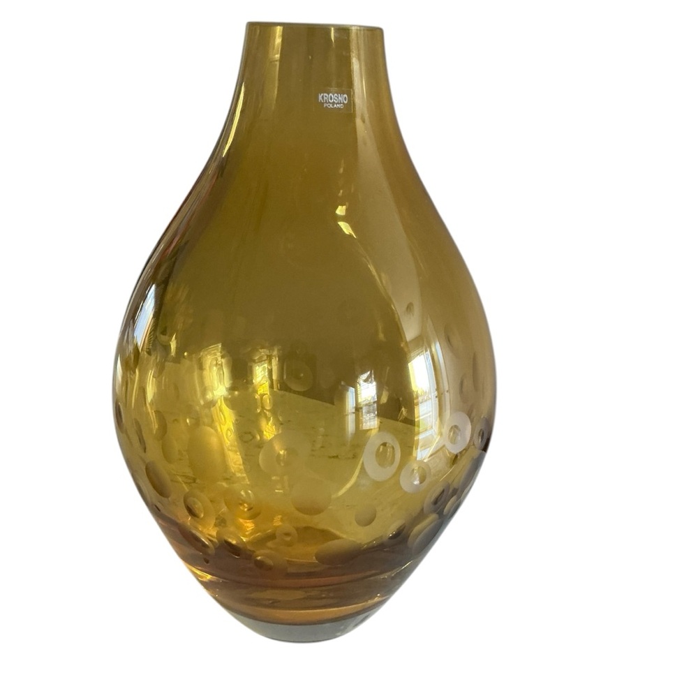 Vintage Krisno Poland amber glass with etched bubbles pattern 11”